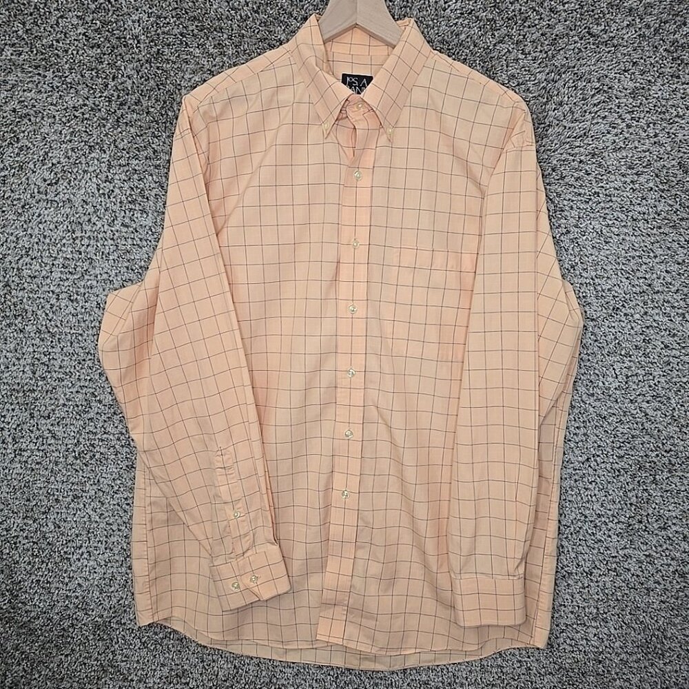 Jos A Bank Shirt Mens Large Orange Check Button Down Traveler Cotton‎ Casual